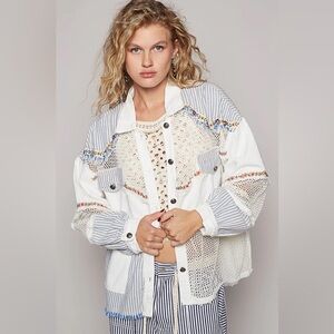 POL Bloom Babe Natural Button Down Floral Denim Boho Mesh Oversized Jacket Large